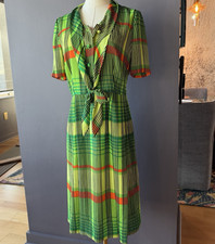 Vintage 1960's House Dress Bright Cheery Green Yellow Stripes Medium REPAIR