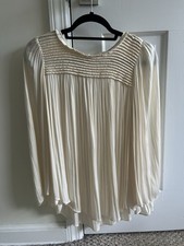 Halston Heritage Pleated Long Sleeve Round Neck Tie Blouse Ivory Women’s Size M
