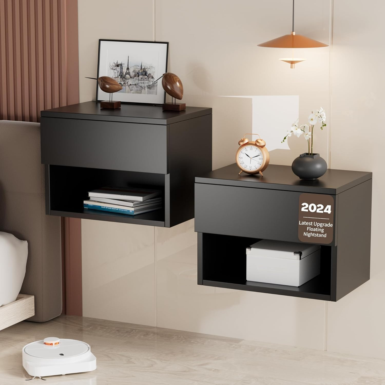 Set Of 2 - Wall Mounted Bedside Table With Drawer