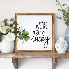 St. Patrick's Day "We're So Lucky" Framed Wood Sign Watercolor Clover Farmhouse