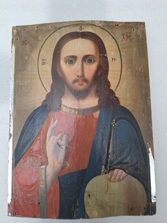 Superb large 19th century hand painted wooden icon of Jesus Christ GREAT ICON