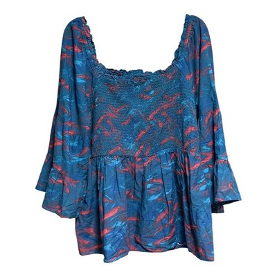 Terra & Sky Womens 1X Smocked Top Blue Red Abstract Bell Sleeve Square Neck NWT
