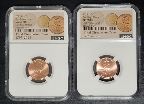 IN HAND 2025 P & D NGC MS68 Lincoln Shield 1c Cent 2 Coin Set RD LAST PENNY FDOI