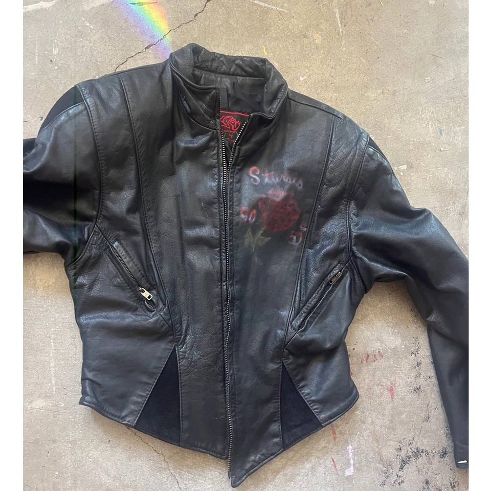 Vintage Leather jacket snatched corset waste, airbrush Rose Sturgis 50th 1990 - Image 3 of 4