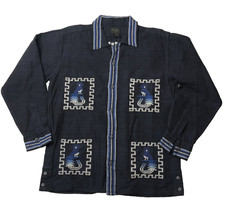 VTG Guatemalan Quetzal Bird Shirt Jacket Hand Embroidered Large Dark Blue