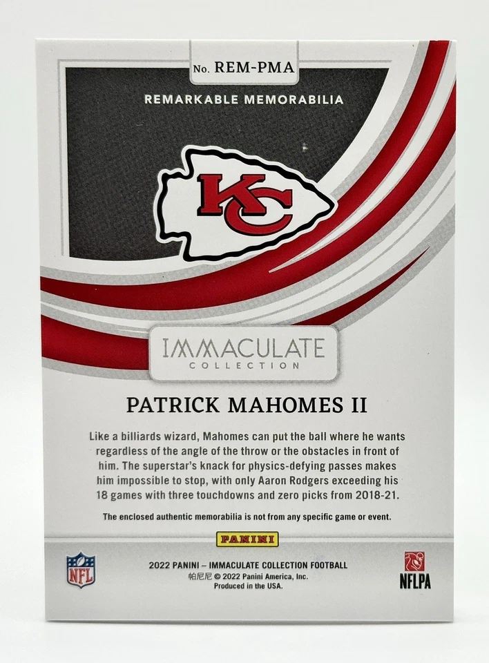 2022 Immaculate Remarkable Memorabilia Patrick Mahomes Patch 12/49 Chiefs - Image 2 of 2