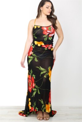 chinese dress ladies Floral-print Ruffled Tulip-Skirt Cami Maxi Dress Medium