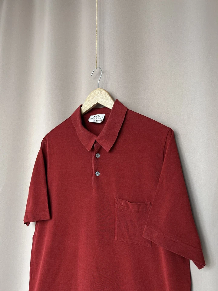 Camisa Polo Hermes Para Hombre XL/L Roja Clásica Algodón Manga Corta Hecha en Italia Lujo Foto 4 de 4