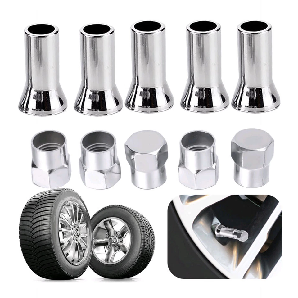 10Pcs TR414 Silver Chrome Car Tyre Wheel Tire Valve Stem Hex Cap & Sleeve Covers - Image 3 of 4