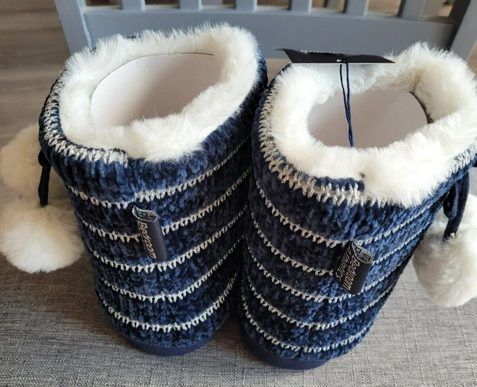 Botas de atletismo de dormitorio Kylie Chenille tejidas - rayas azules y blancas - L (Reino Unido 7/8) Foto 3 de 4