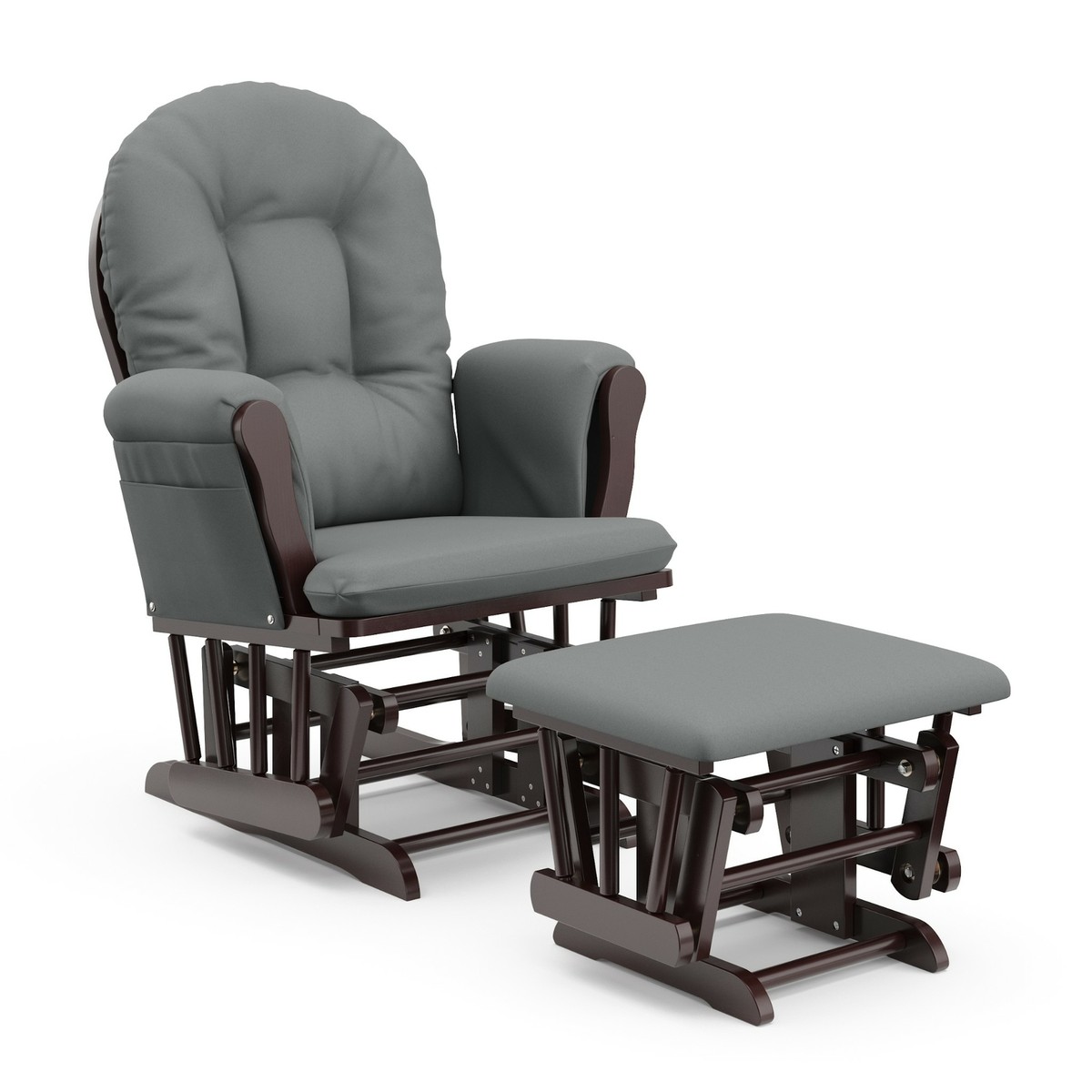 Nursery Glider Ottoman Set Espresso Wooden Frame Gray Cushions