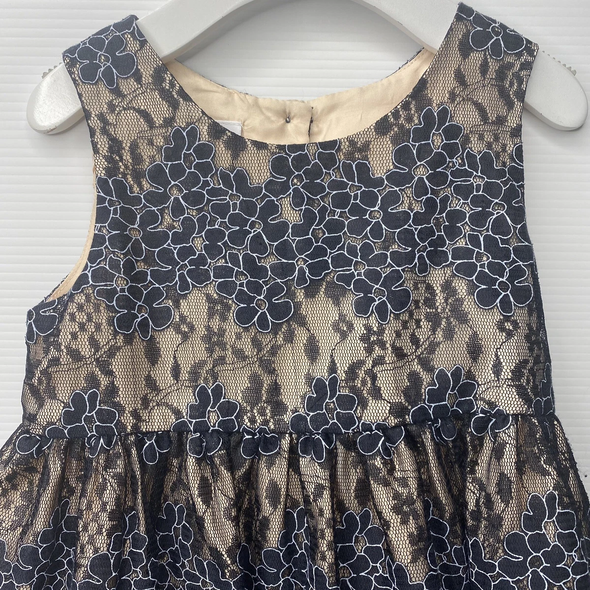 Girls Size 4 Frais Dress Navy Blue Floral Black Lace Party Photo Wedding Formal
