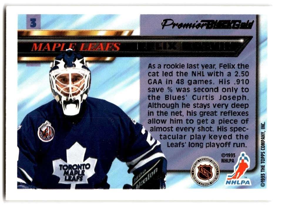1993-94 Topps Premier Black Gold Felix Potvin #3 Toronto Maple Leafs - Image 2 of 2