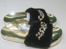 new ladies Slip On slipper BLACK FURRY Sandals  WOMEN Size 5