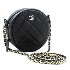 m55 CHANEL Authentic Round Zip Grained Calfskin Small Chain Shoulder Bag Black