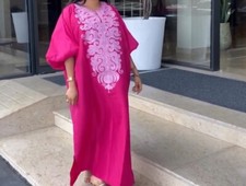 Pink Kaftan African Women Long Dress Set Dashiki With Head Scarf