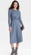NEW A New Day Women's Long Sleeve Twist-Front Knit Blue Midi Dress Med Bin 12114