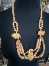 Vtg African Wooden Carved Elephants Beaded Statement Necklace Tribal Boho Safari