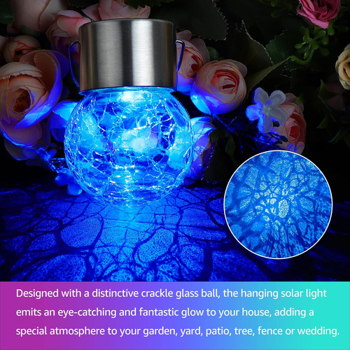 12-Pack Hanging Solar Lights, Decorative Cracked Glass Ball Light, Multicolor So - Picture 5 of 12