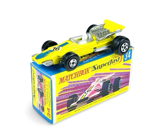 Matchbox Lesney Superfast MB34 Yellow '16' Formula 1 Racing Car w/G Box
