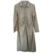 Sim & Sam Cotton Button Down Midi Dress Sz L Ruched Front Sage Green Cottagecore
