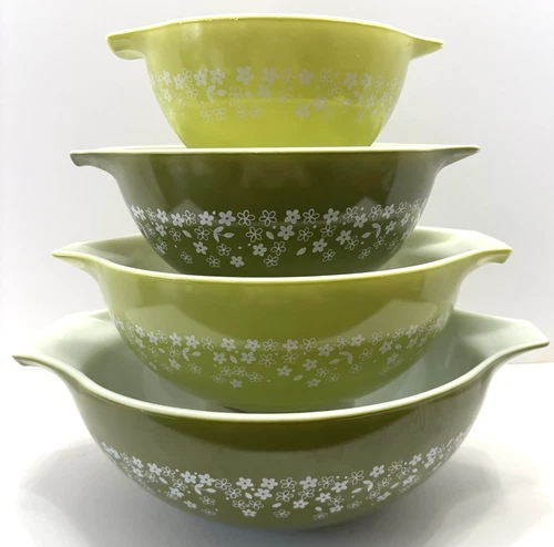 Pyrex Green & Lime Spring Blossom Crazy Daisy Cinderella Bowl Set 441-444