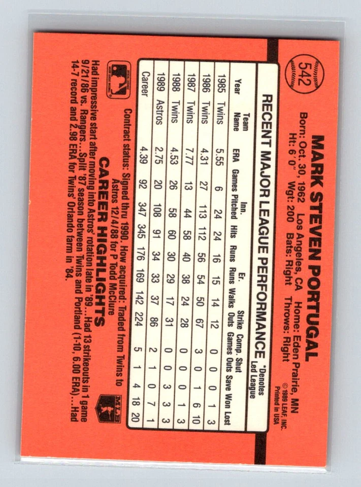 1990 Donruss #542a Mark Portugal - Image 2 of 2
