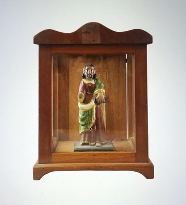 Early Wood Carved Spanish Colonial Polychrome Santos in small Wood Glass Shrine