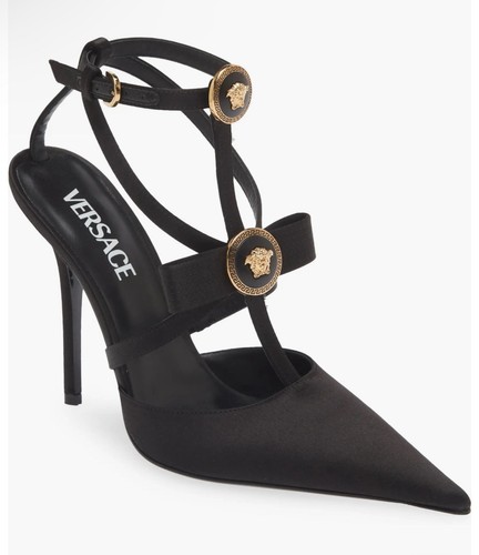 New sz 6 / 36 VERSACE Gianni Ribbon Cage Logo Pointed Toe Black Satin Pump Shoes