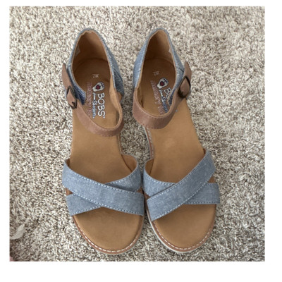BOBS from Skechers Women's Blue Espadrille Wedge Sandals Memory Foam Buckle