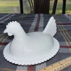 Vintage Milk Glass 7 " Chicken On A Basket Covered Dish