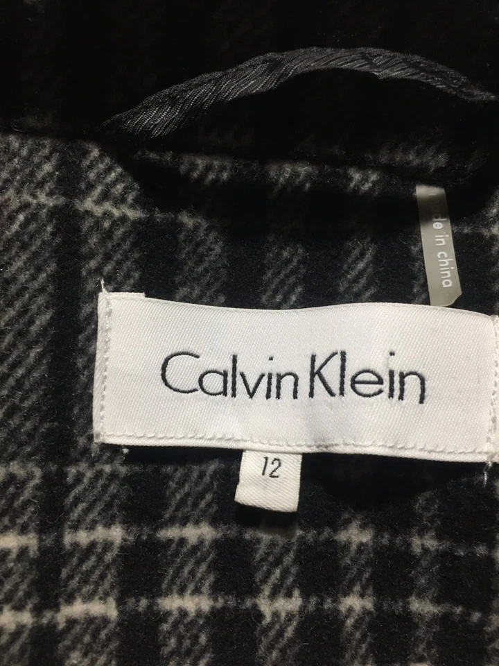 Calvin Klein Wool Coat Womens 12 Black White Plaid Long Sleeve Tie Belt Pocket - Image 3 of 4