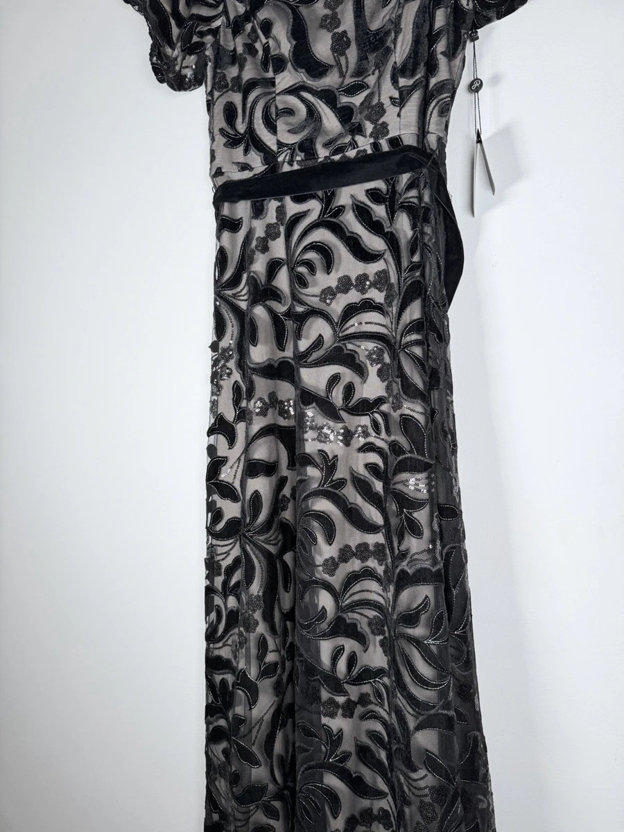 Maxi Vestido Adrianna Papell Negro Desnudo Lentejuelas Terciopelo Adornado Reino Unido 14 Nuevo con Etiquetas