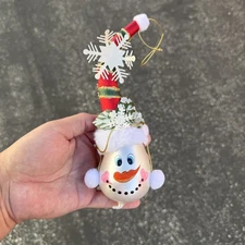 Blown Glass Snowman Head Christmas Ornament Curly Santa Hat Snowflakes 8.5"