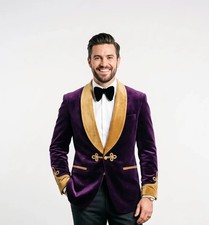 Purple Velvet Smoking Jacket Men Gold Quilted Lapel Blazer Elegant Dinner Coat