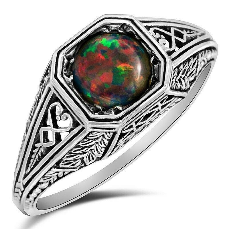 1CT  Red Fire Opal 925 Solid Sterling Silver Filigree Ring Sz 6 F5-8