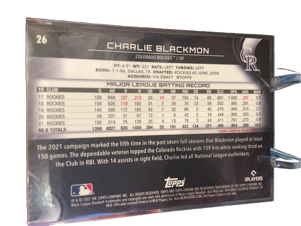 2022 Topps Chrome Black Charlie Blackmon #26 Colorado Rockies - Image 2 of 2