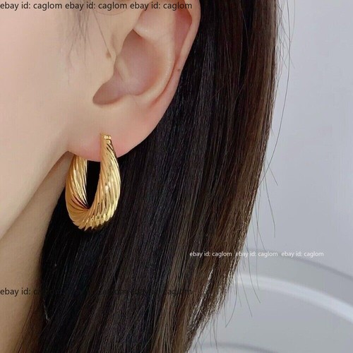 Pure 18K Yellow Gold Au750 Shiny Twist Chubby Hoop Women Big Earrings 30*26mm - Picture 3 of 8