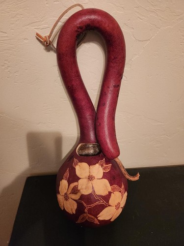 Curly Dipper Gourd Birdhouse Carved Leather Cord, Farmhouse Decor, 16"