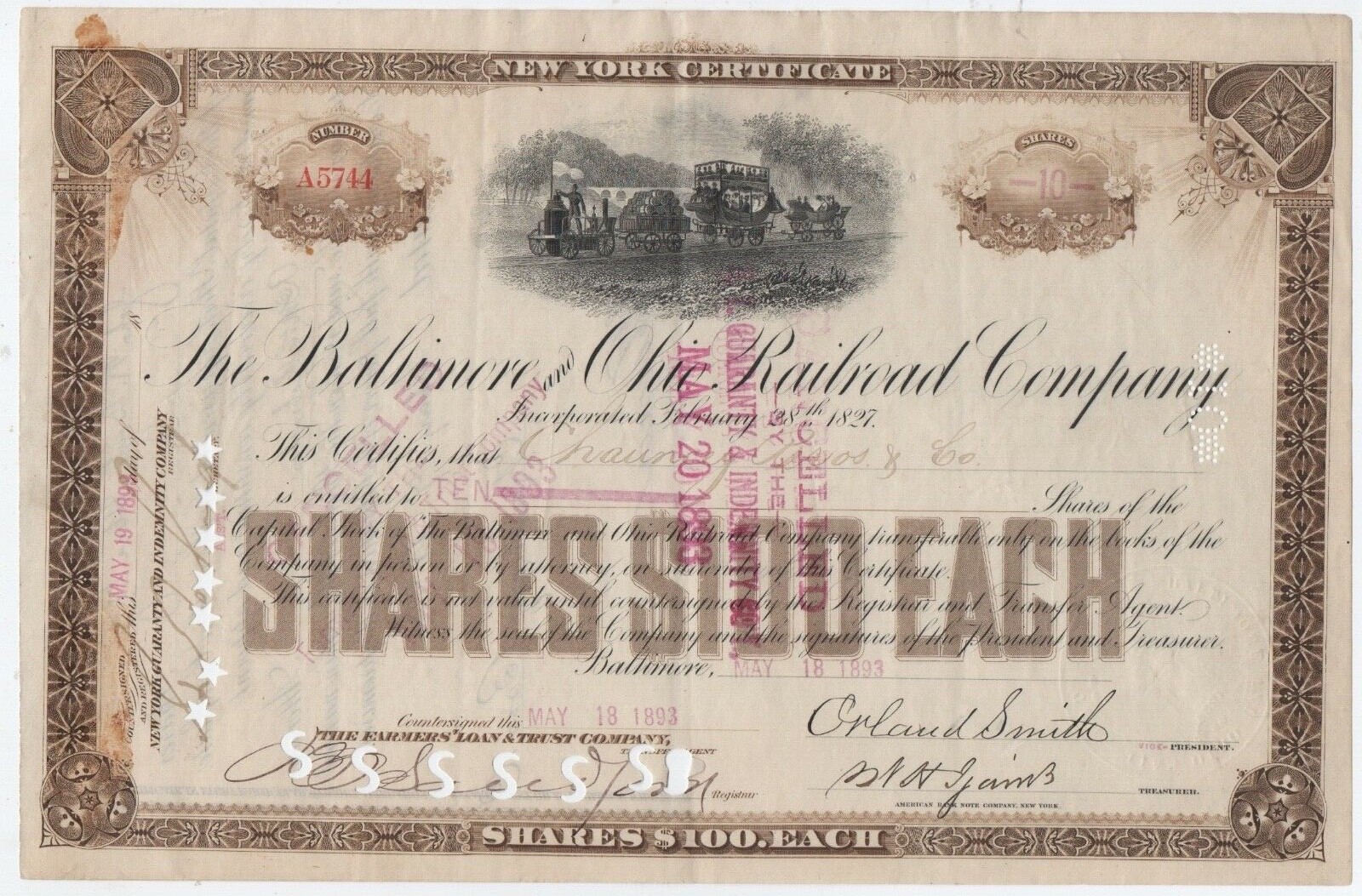 Vintage 1893 Baltimore & Ohio Railroad Graphic Stock Certificate for Collectors
