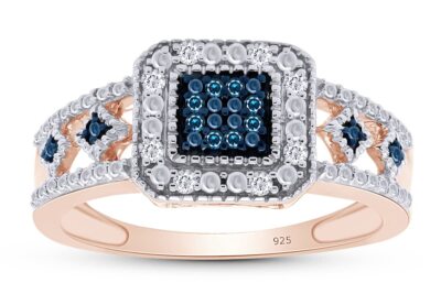 1/10 Ct Real Blue and White Diamond Square Frame Wedding Band Ring 925 Sterling