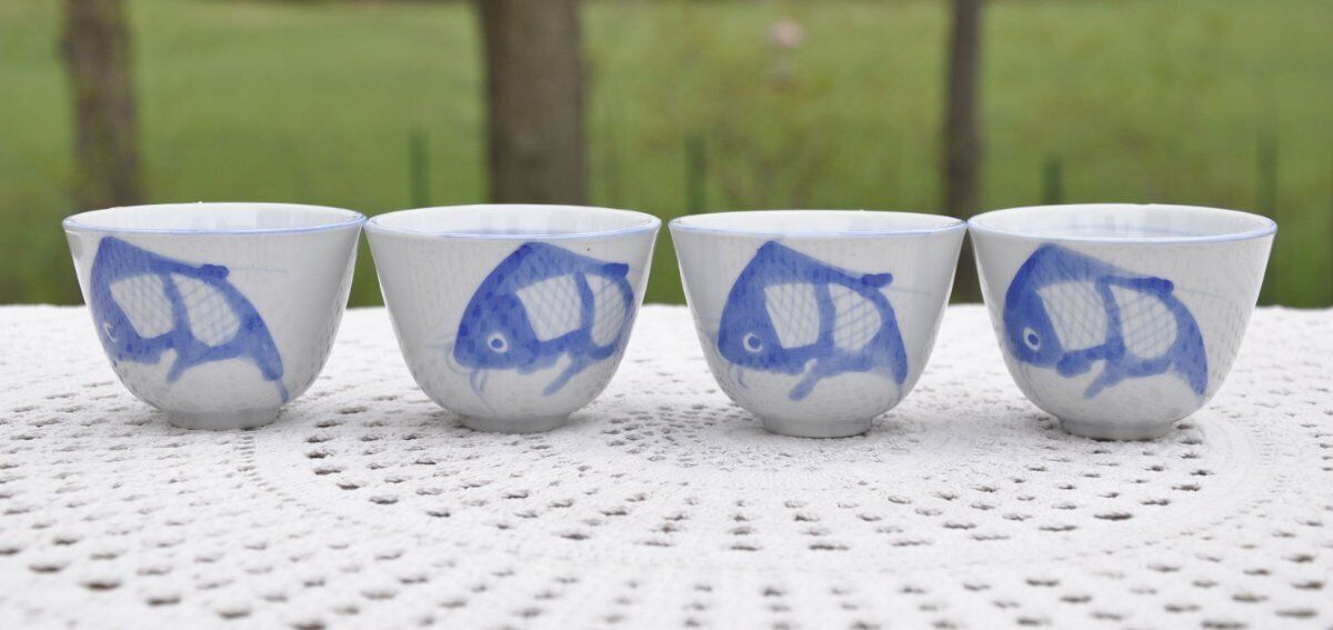 4 vintage Koi Fish Tea Bowls Handleless Cups