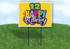 12 AGE HAPPY BIRTHDAY YELLOW 18inx24in Yard Road Sign w/ Stand