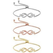 Women CZ Love Infinity Bracelet Adjustable Chain Bangle Stainless Steel