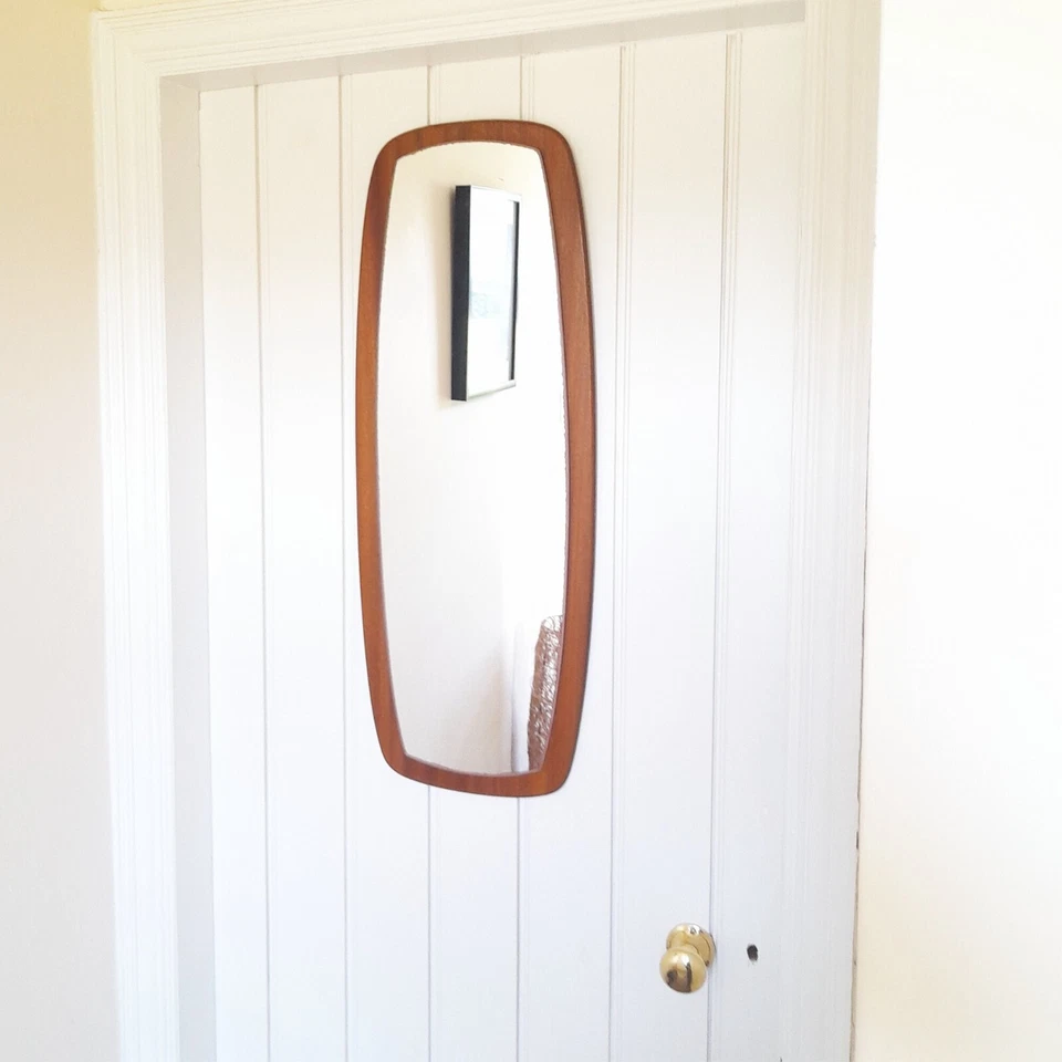 70s MCM Teak Wall Mirror Rectangular Portrait Danish Scandi Vintage 30.5 x 11.5" - Image 3 of 4