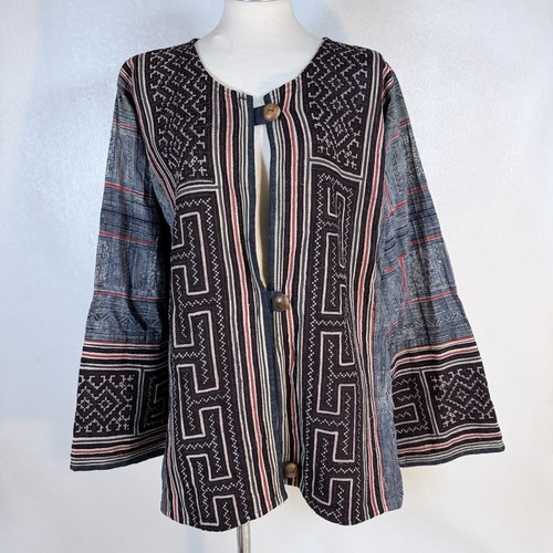 Vintage Hmong Handwoven Ethnic Jacket XL Blue Indigo Geometric Tribal Pattern