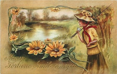 c1910 Fishing Woman may go fortune smile artist impression Postcard 26-3294