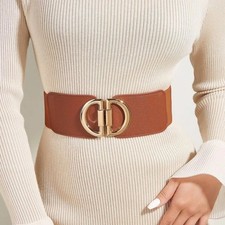 Women's Brown Elastic Waist Stretch Vegan Faux Leather Belt Gold Buckle