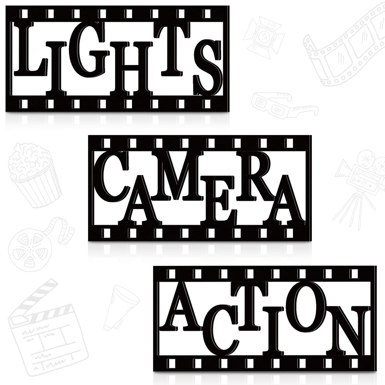 3 Pieces Home Movie Theater Room Decor Cinema Wall Art Wooden Reel Wall Sign ...