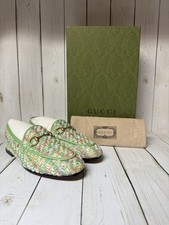 Gucci Tweed Malaga Kid Horsebit Jordaan Loafers Green Multicolor Sz 35.5 / 5.5